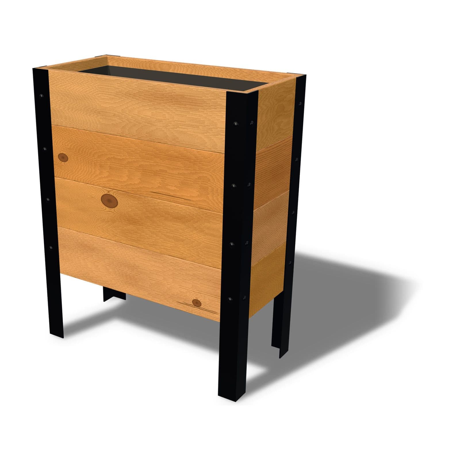 Rendering of the 11.5 by 24 inch cedar raised garden bed, Deep, Knotty grade, on powder-coated steel legs
