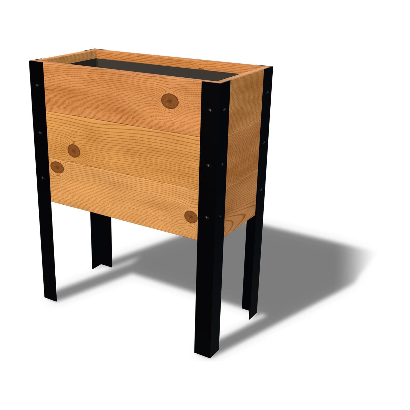 Rendering of the 11.5 by 24 inch cedar raised garden bed, Standard, Knotty grade, on powder-coated steel legs