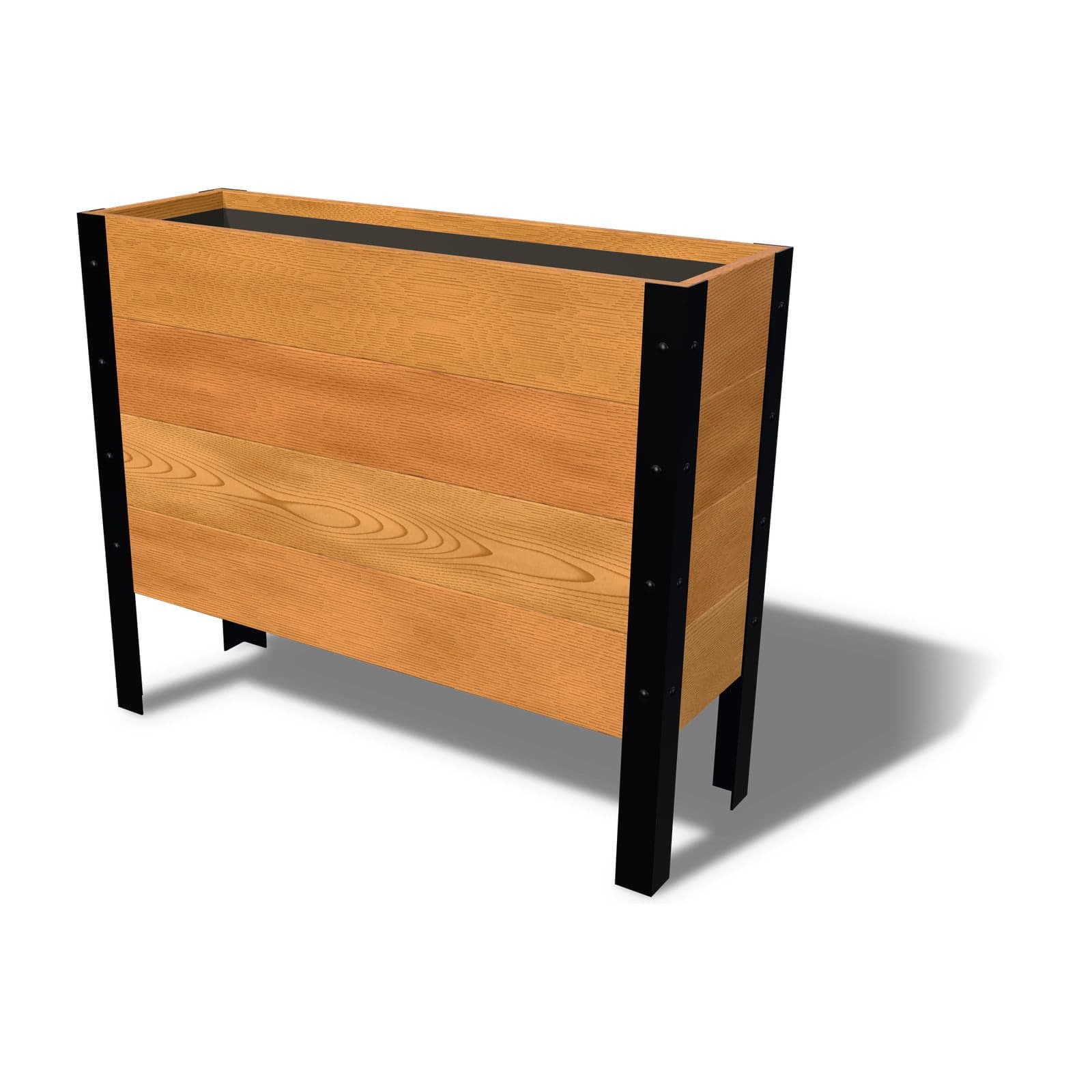 Rendering of the 11.5 by 36 inch cedar raised garden bed, Deep, Clear grade, on powder-coated steel legs