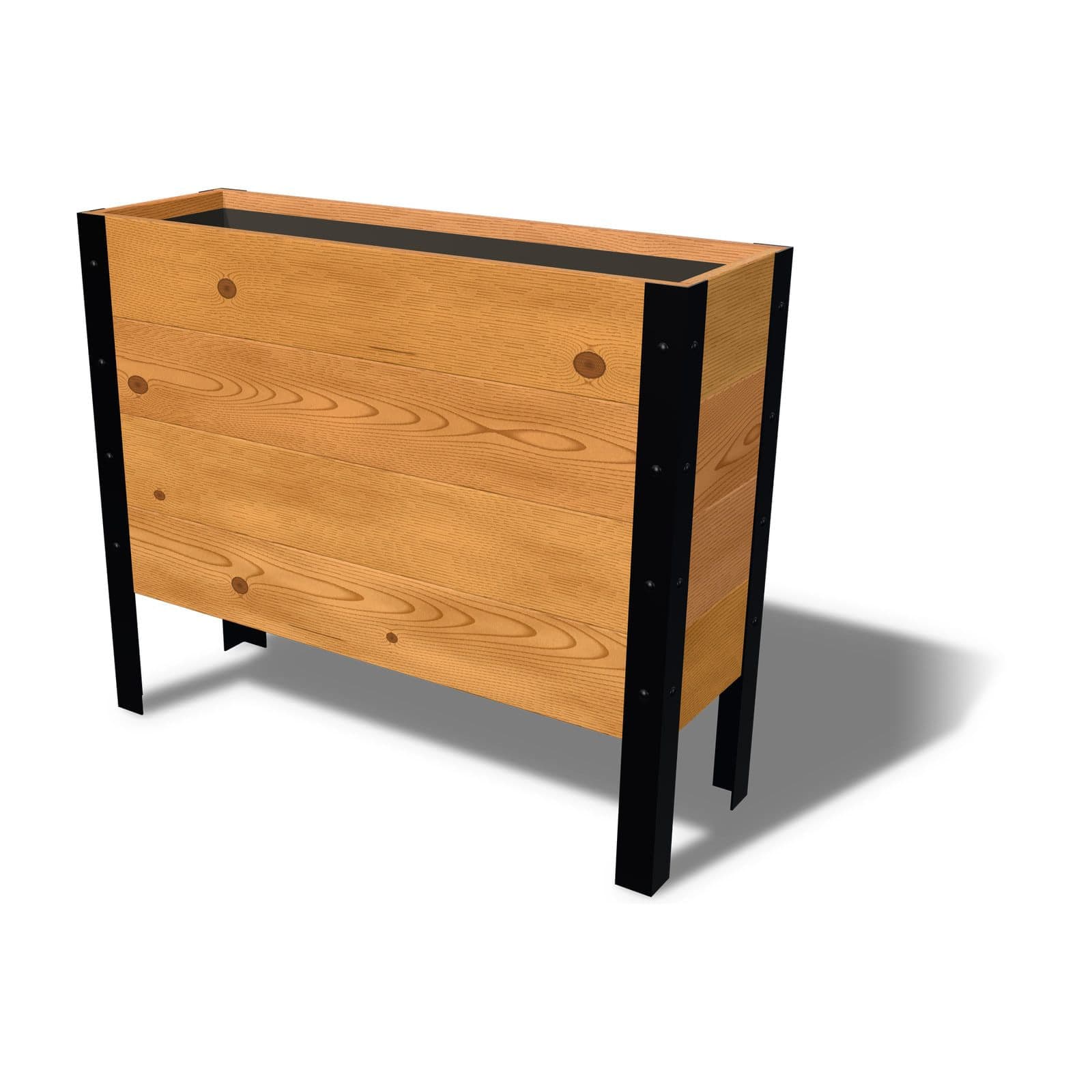Rendering of the 11.5 by 36 inch cedar raised garden bed, Deep, Knotty grade, on powder-coated steel legs