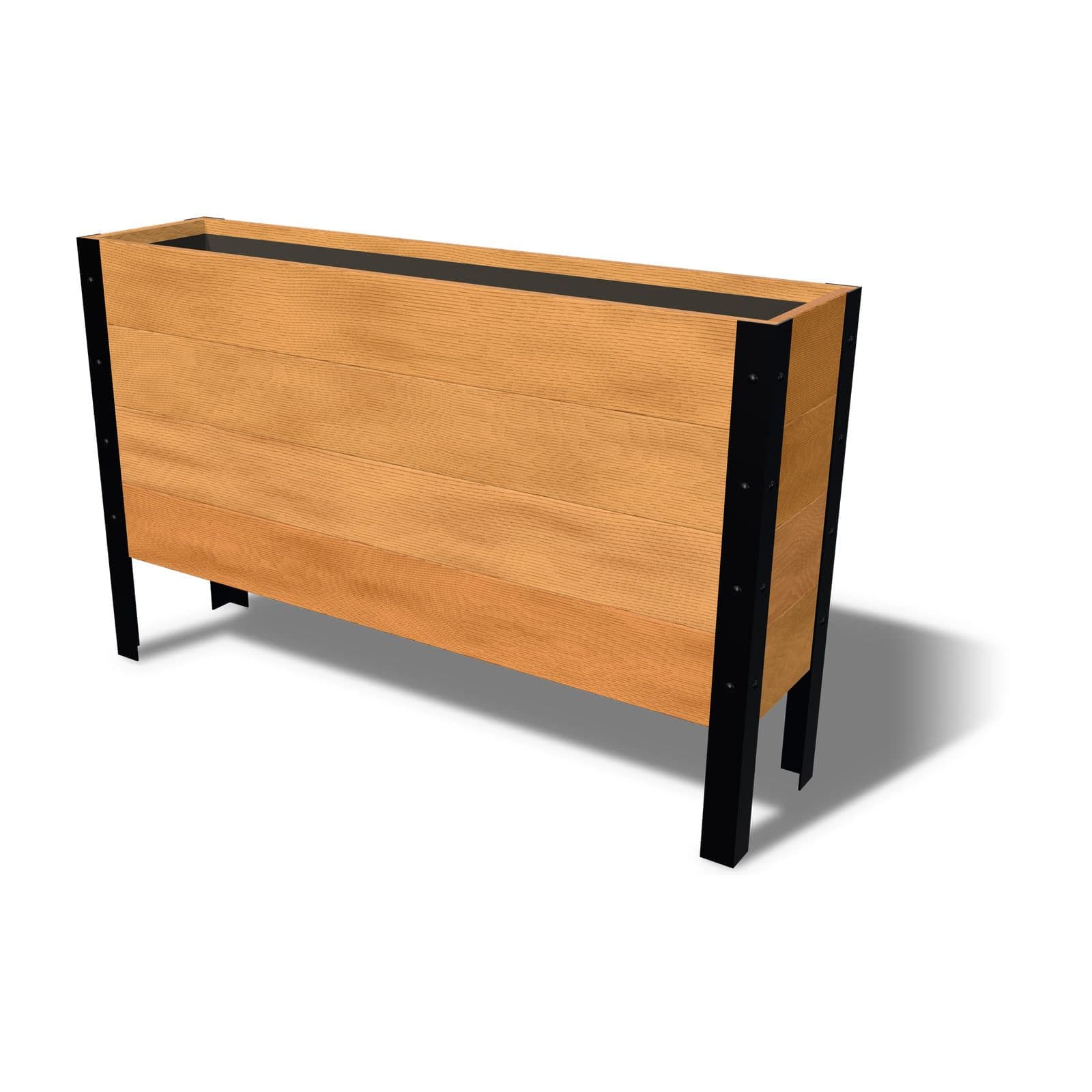 Rendering of the 11.5 by 48 inch cedar raised garden bed, Deep, Clear grade, on powder-coated steel legs