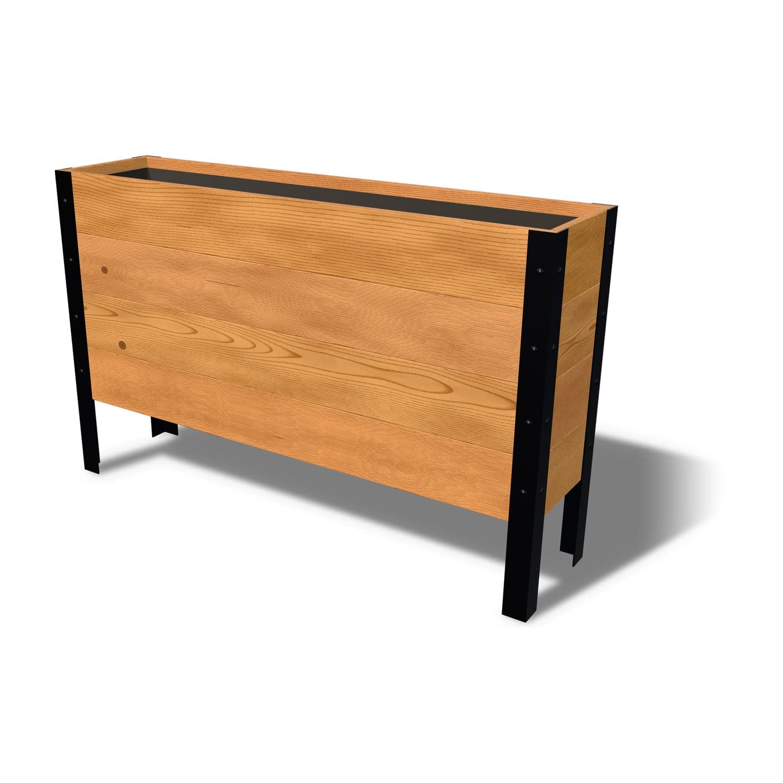 Rendering of the 11.5 by 48 inch cedar raised garden bed, Deep, Knotty grade, on powder-coated steel legs