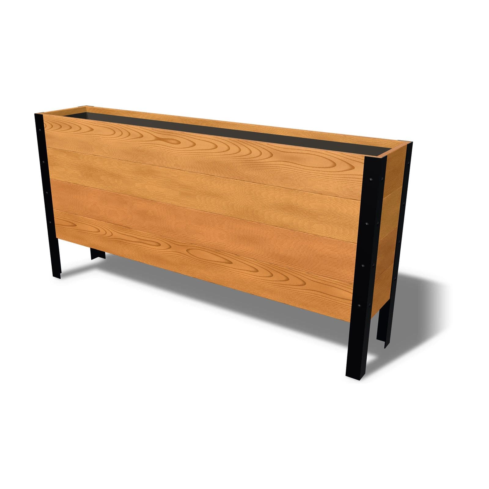 Rendering of the 11.5 by 60 inch cedar raised garden bed, Deep, Clear grade, on powder-coated steel legs