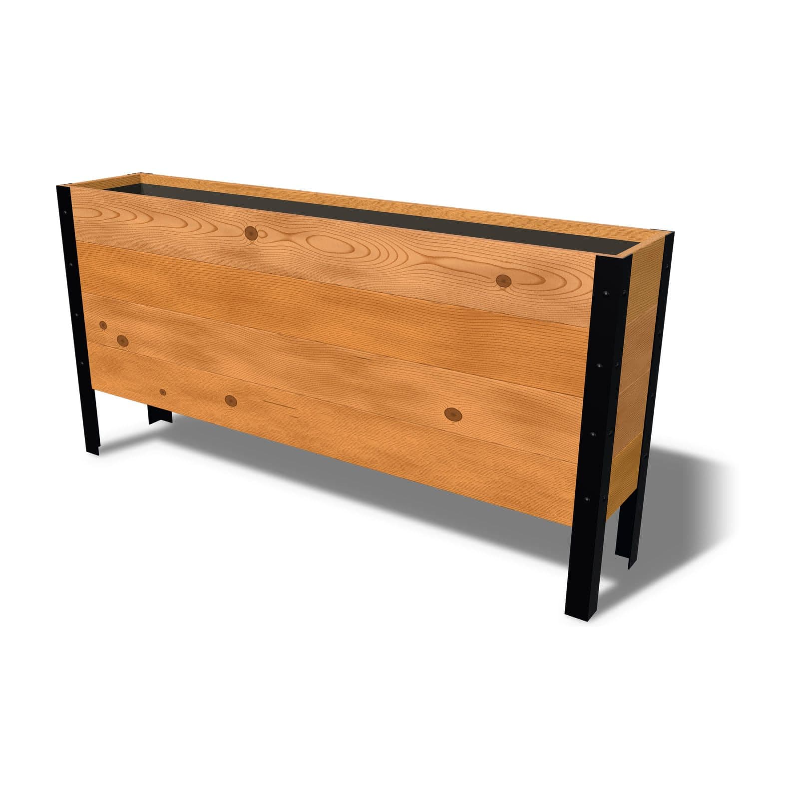 Rendering of the 11.5 by 60 inch cedar raised garden bed, Deep, Knotty grade, on powder-coated steel legs