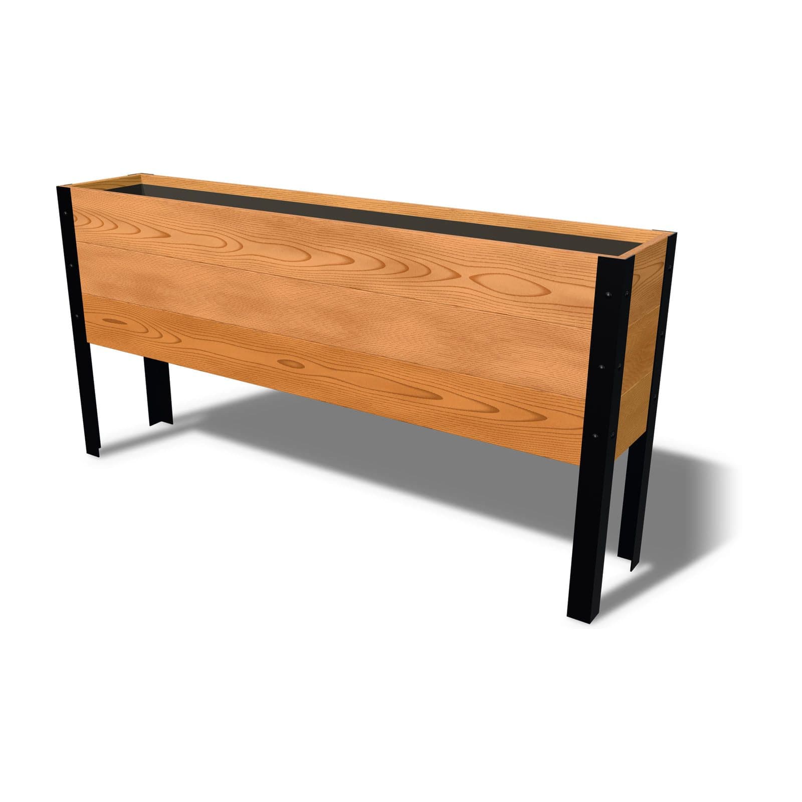 Rendering of the 11.5 by 60 inch cedar raised garden bed, Standard, Clear grade, on powder-coated steel legs