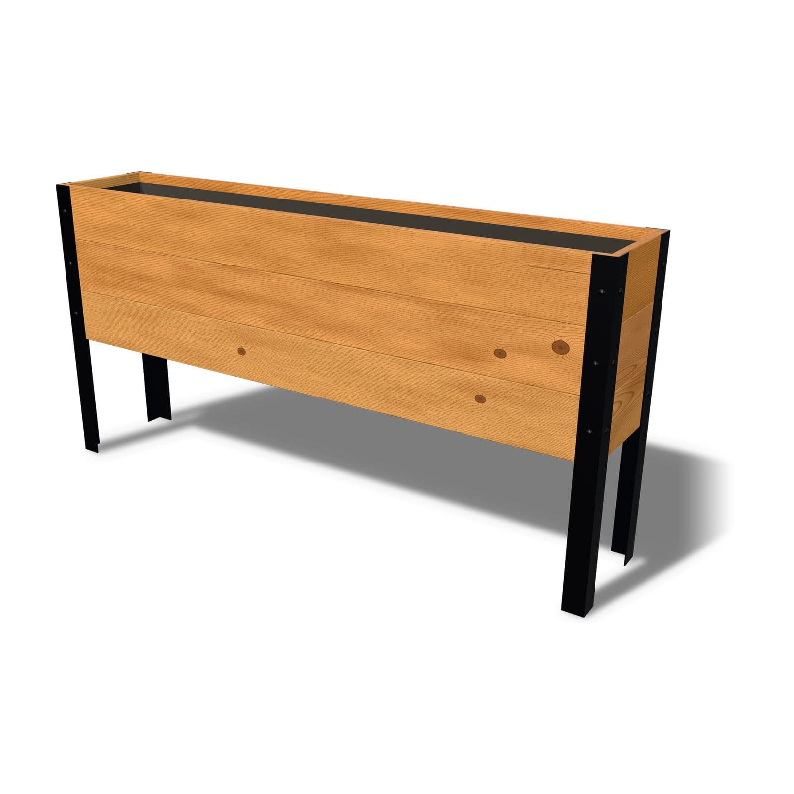 Rendering of the 11.5 by 60 inch cedar raised garden bed, Standard, Knotty grade, on powder-coated steel legs