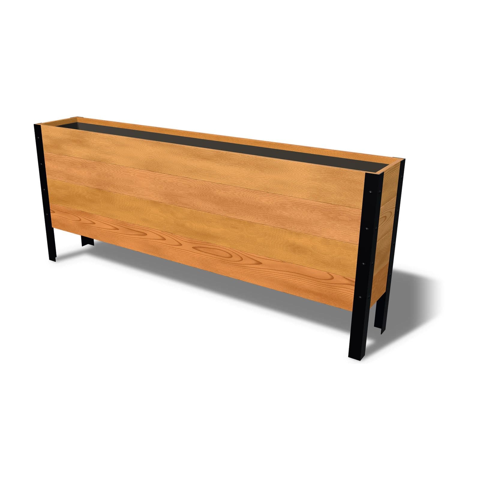 Rendering of the 11.5 by 72 inch cedar raised garden bed, Deep, Clear grade, on powder-coated steel legs