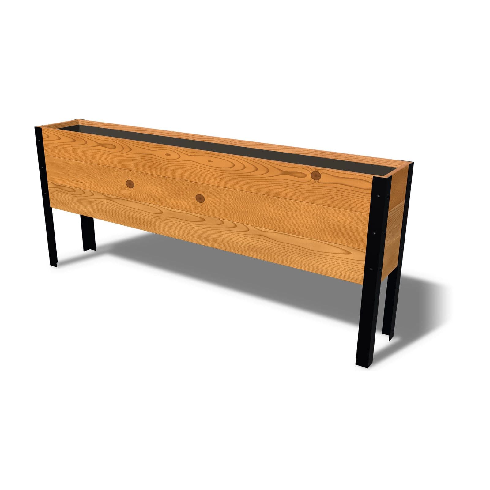 Rendering of the 11.5 by 72 inch cedar raised garden bed, Standard, Knotty grade, on powder-coated steel legs