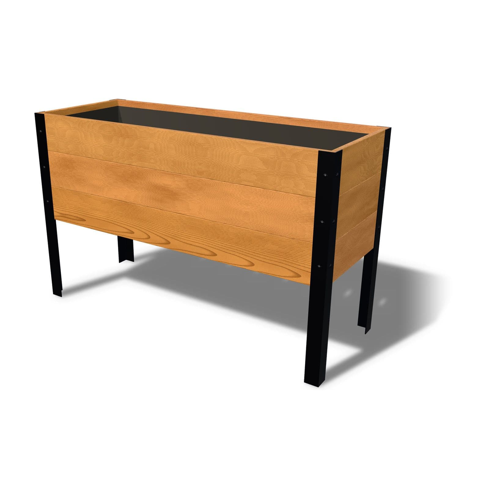 Rendering of the 18 by 48 inch cedar raised garden bed, Standard, Clear grade, on powder-coated steel legs