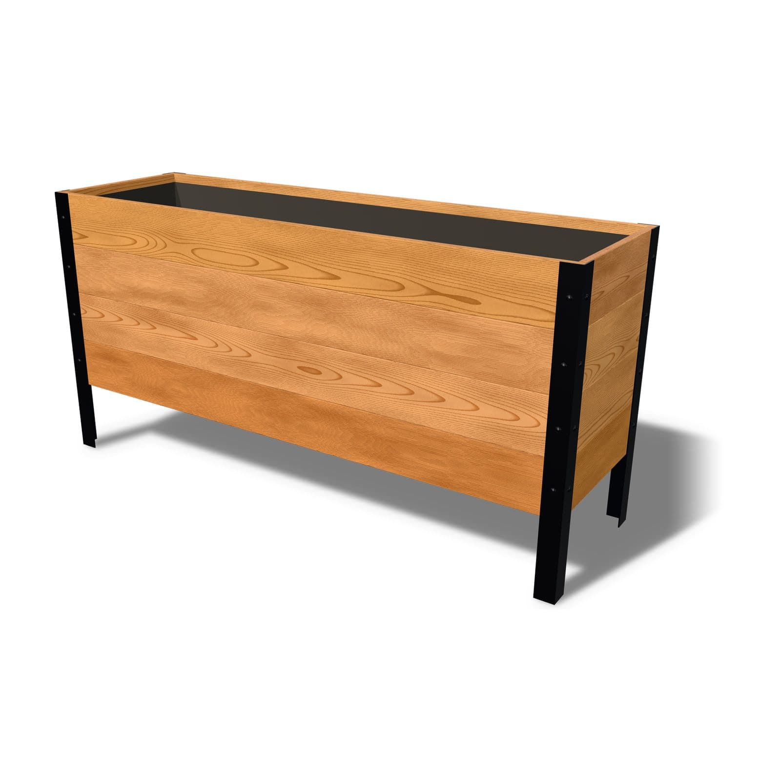 Rendering of the 18 by 60 inch cedar raised garden bed, Deep, Clear grade, on powder-coated steel legs