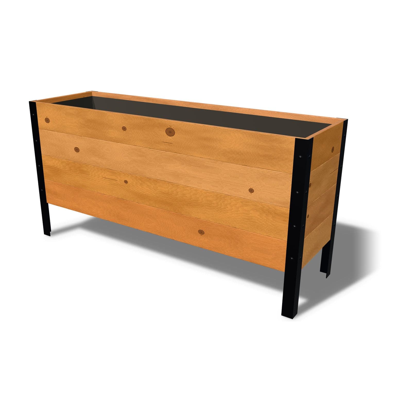 Rendering of the 18 by 60 inch cedar raised garden bed, Deep, Knotty grade, on powder-coated steel legs
