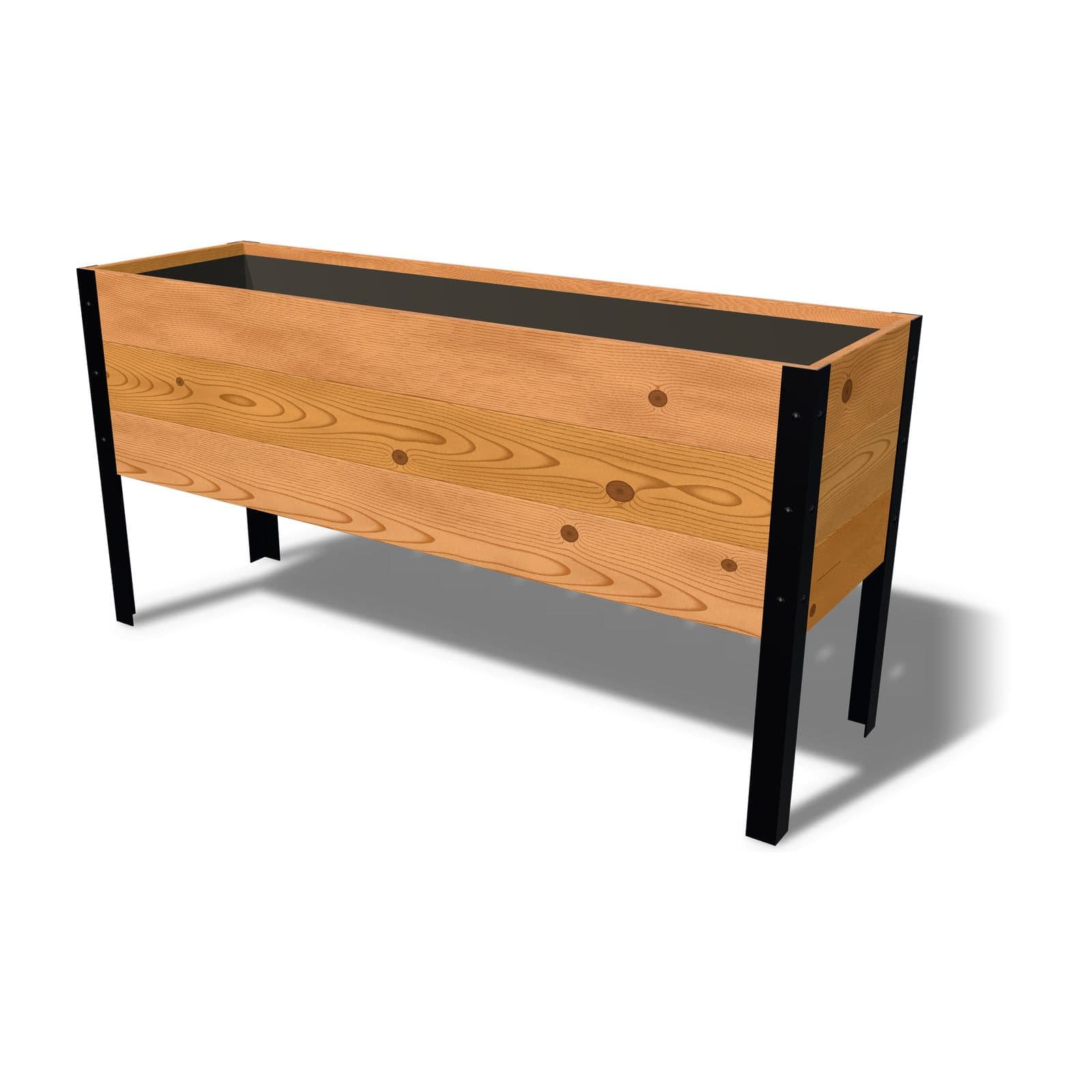 Rendering of the 18 by 60 inch cedar raised garden bed, Standard, Knotty grade, on powder-coated steel legs