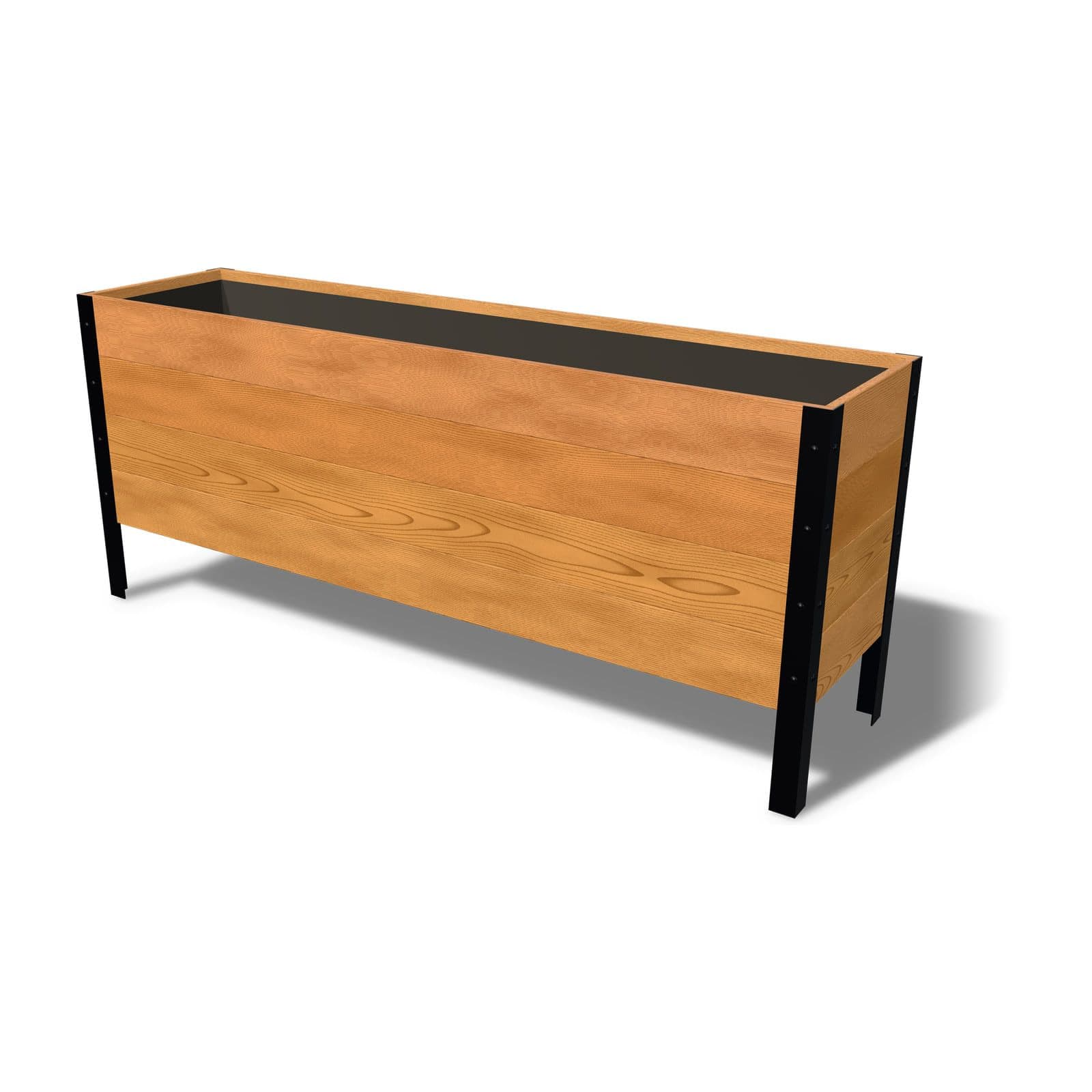 Rendering of the 18 by 72 inch cedar raised garden bed, Deep, Clear grade, on powder-coated steel legs