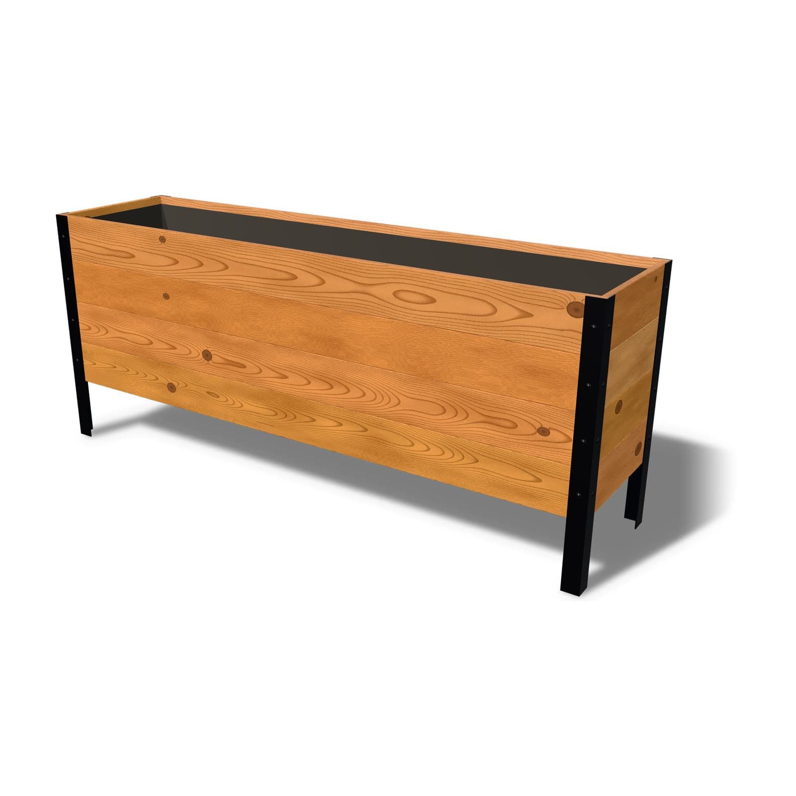 Rendering of the 18 by 72 inch cedar raised garden bed, Deep, Knotty grade, on powder-coated steel legs