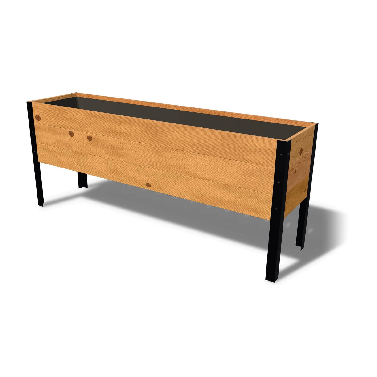 Rendering of the 18 by 72 inch cedar raised garden bed, Standard, Knotty grade, on powder-coated steel legs