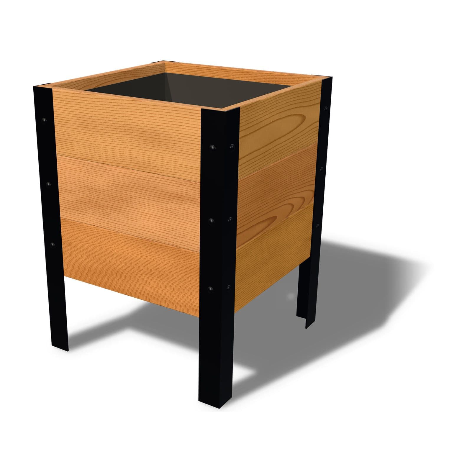 Rendering of the 18 by 18 inch cedar planter box, Clear grade, on powder-coated steel legs