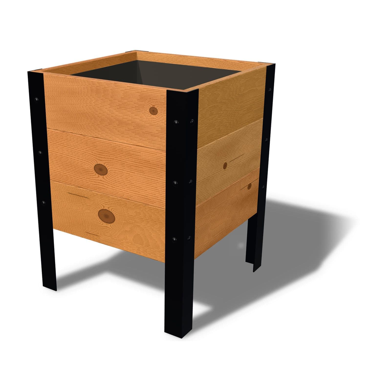 Rendering of the 18 by 18 inch cedar planter box, Knotty grade, on powder-coated steel legs