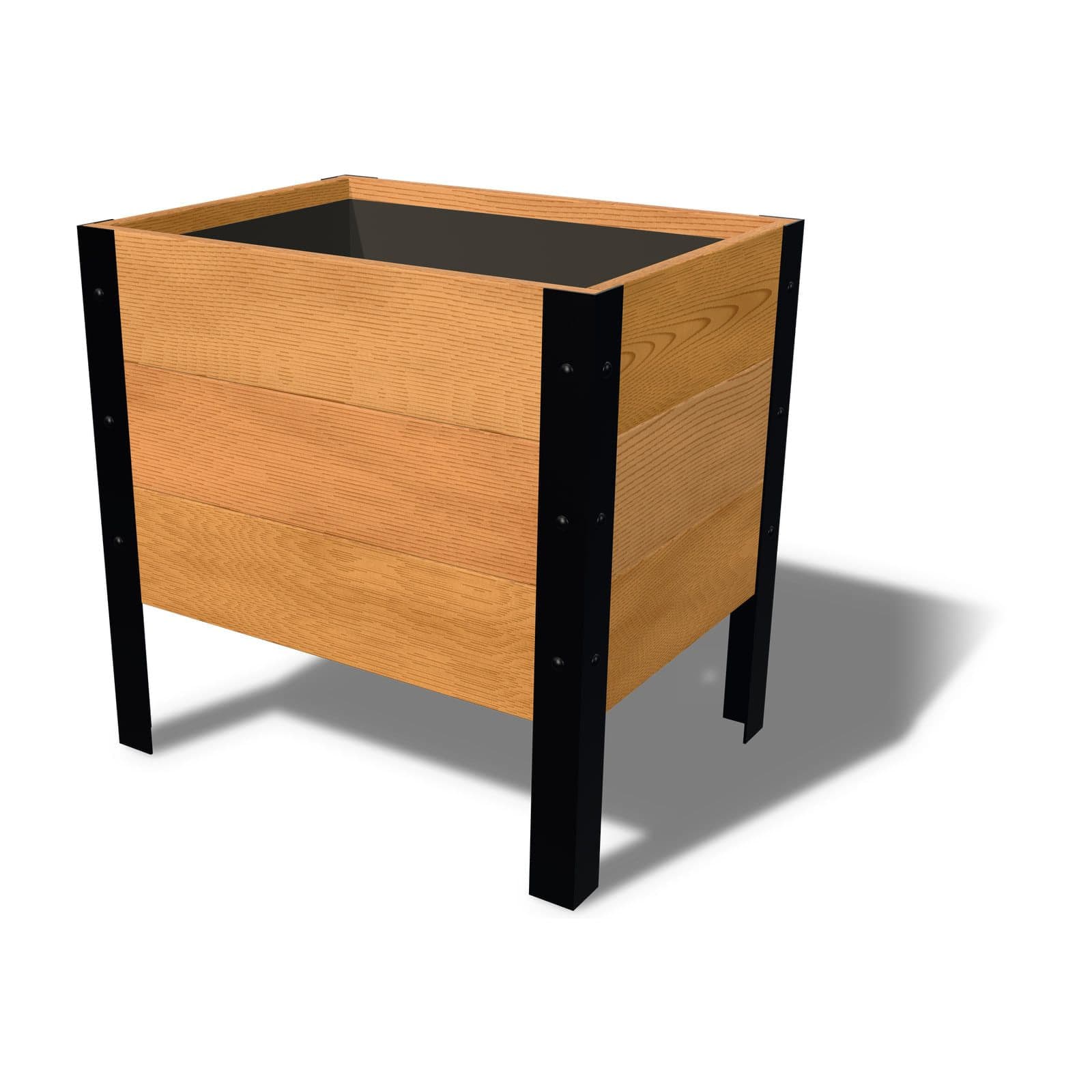 Rendering of the 18 by 24 inch cedar planter box, Clear grade, on powder-coated steel legs