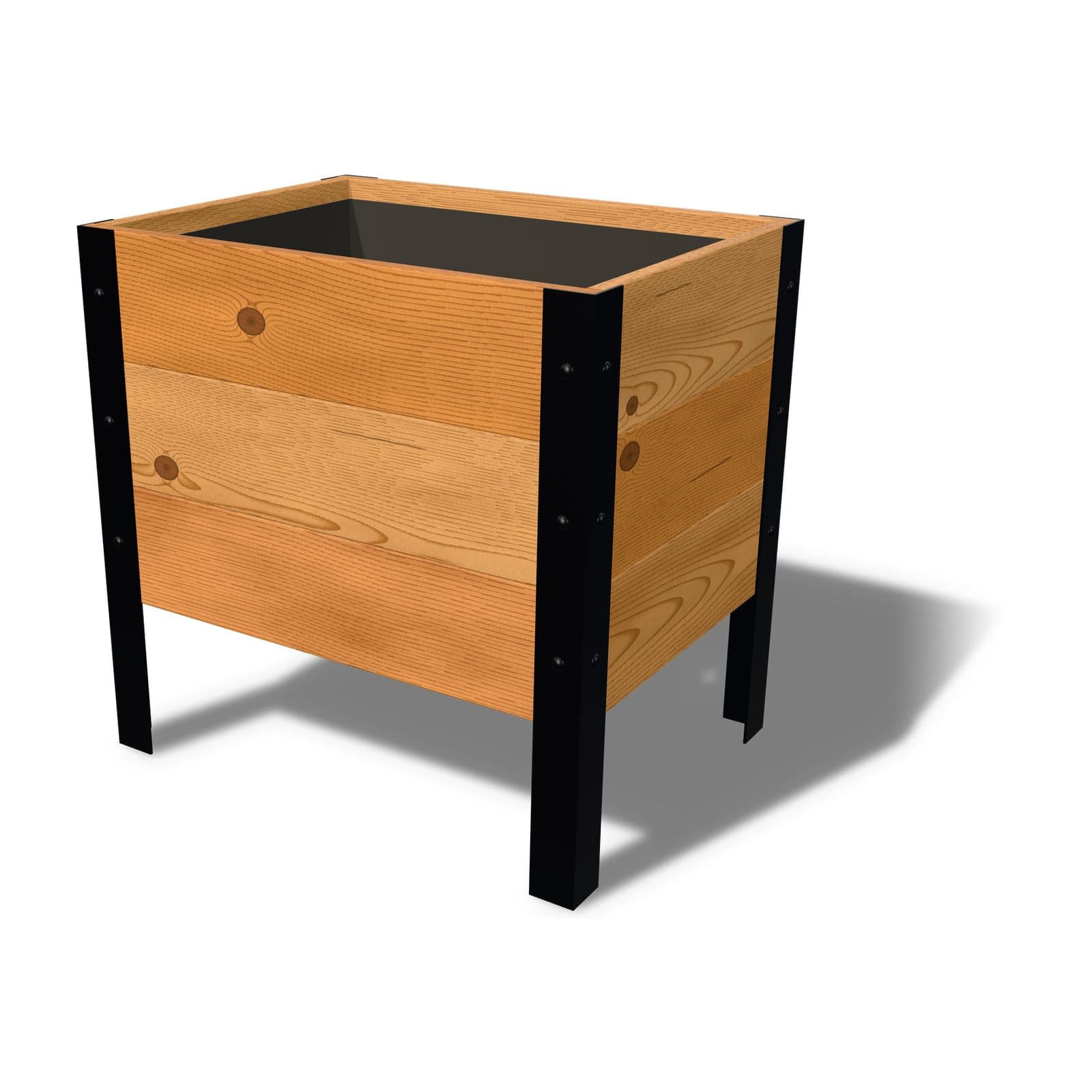 Rendering of the 18 by 24 inch cedar planter box, Knotty grade, on powder-coated steel legs