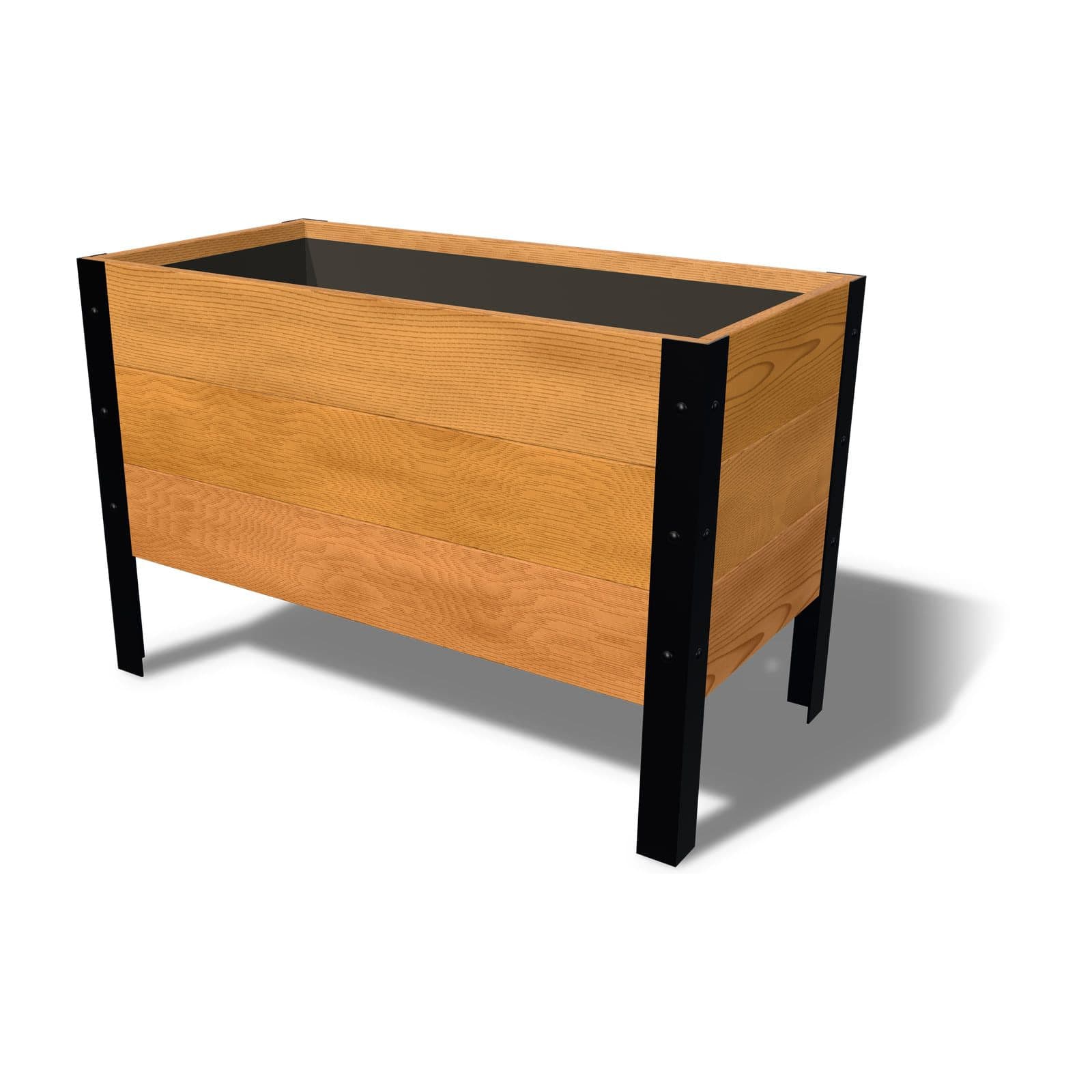 Rendering of the 18 by 36 inch cedar planter box, Clear grade, on powder-coated steel legs