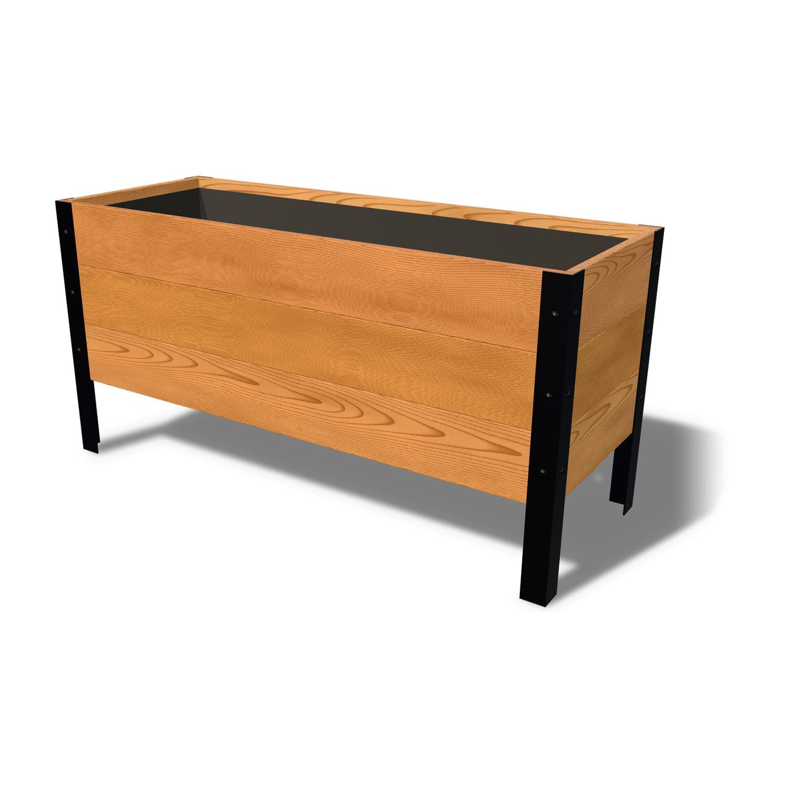 Rendering of the 18 by 48 inch cedar planter box, Clear grade, on powder-coated steel legs