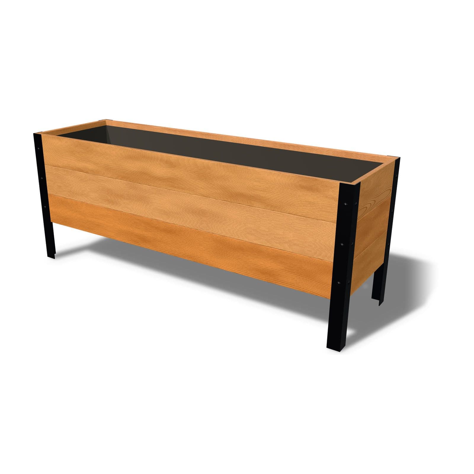 Rendering of the 18 by 60 inch cedar planter box, Clear grade, on powder-coated steel legs