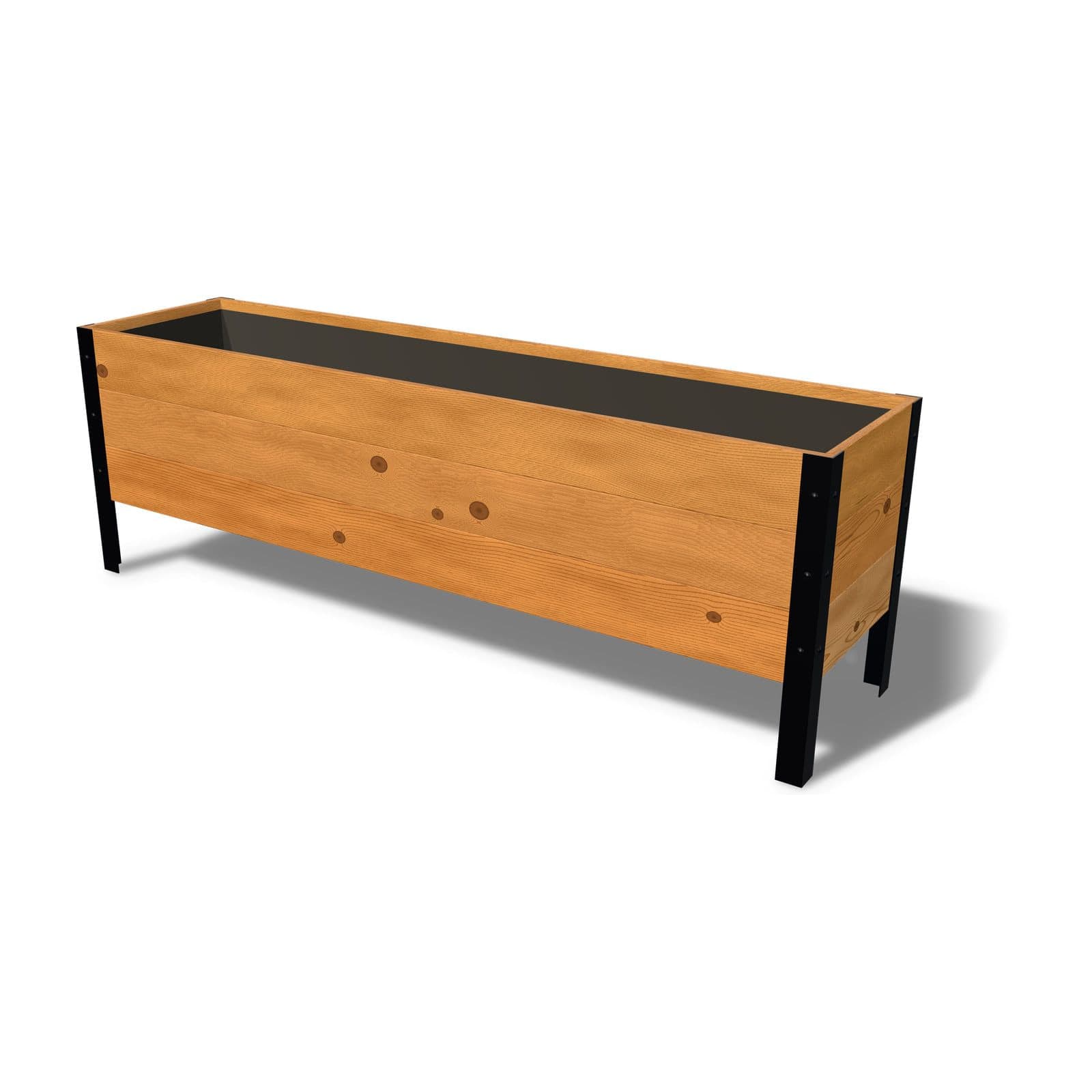 Rendering of the 18 by 72 inch cedar planter box, Knotty grade, on powder-coated steel legs